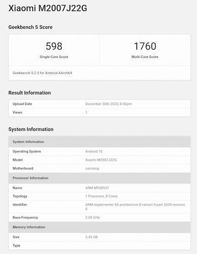 Xiaomi Redmi Note 9T с чипом MediaTek Dimensity 800U замечен в Geekbench